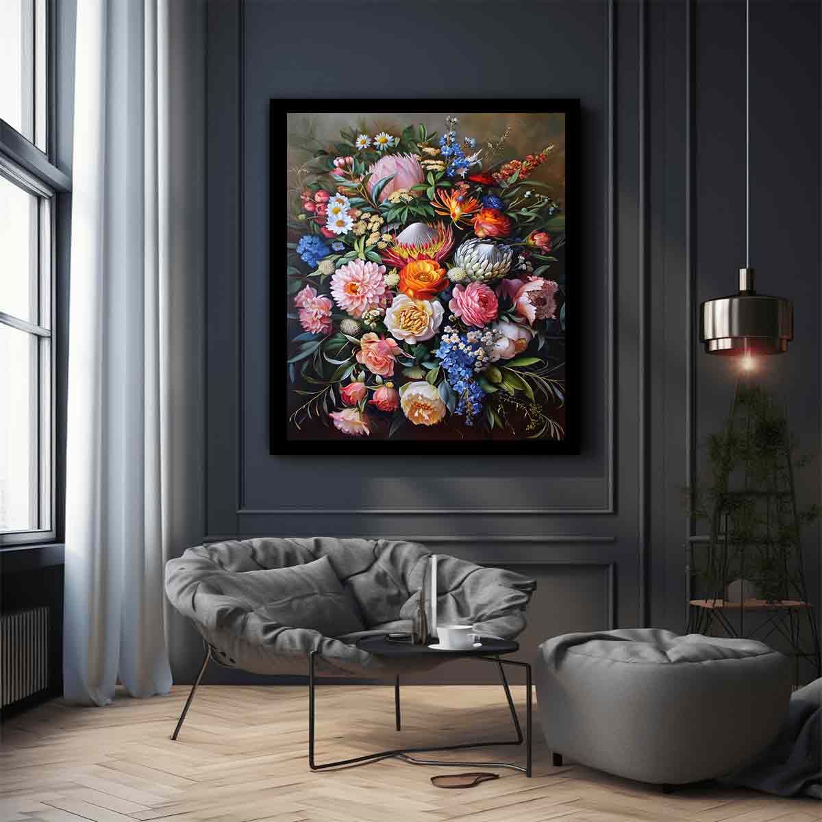 Luxury floral still life canvas print with protea flowers for elegant decor.