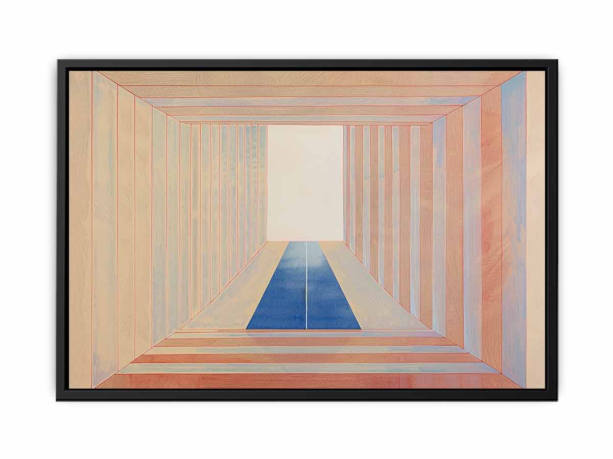 Minimalist pastel hallway artwork with blue floor for modern office decor.