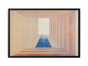 Minimalist pastel hallway artwork with blue floor for modern office decor.