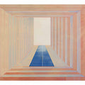 Minimalist pastel hallway artwork with blue floor for modern office decor.