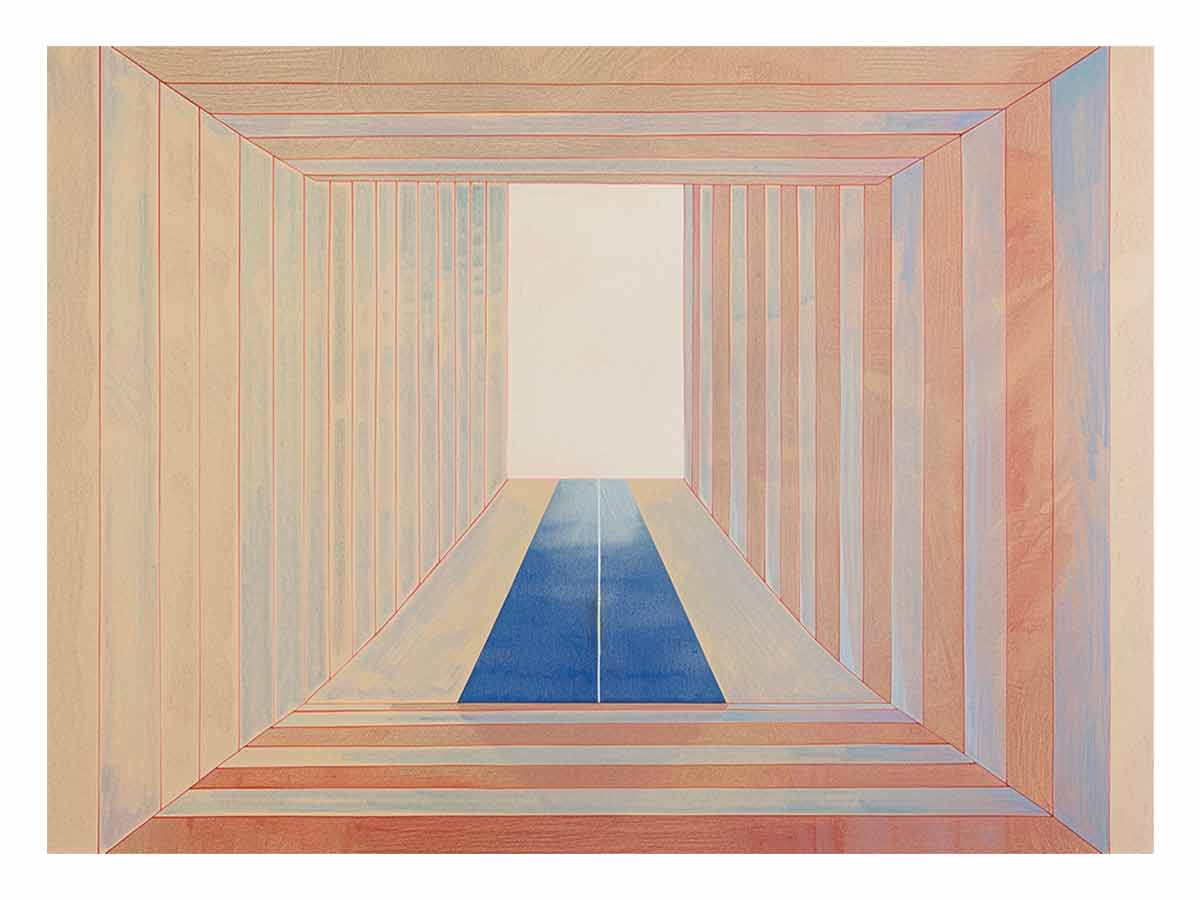Minimalist pastel hallway artwork with blue floor for modern office decor.