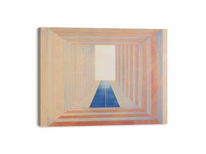 Minimalist pastel hallway artwork with blue floor for modern office decor.