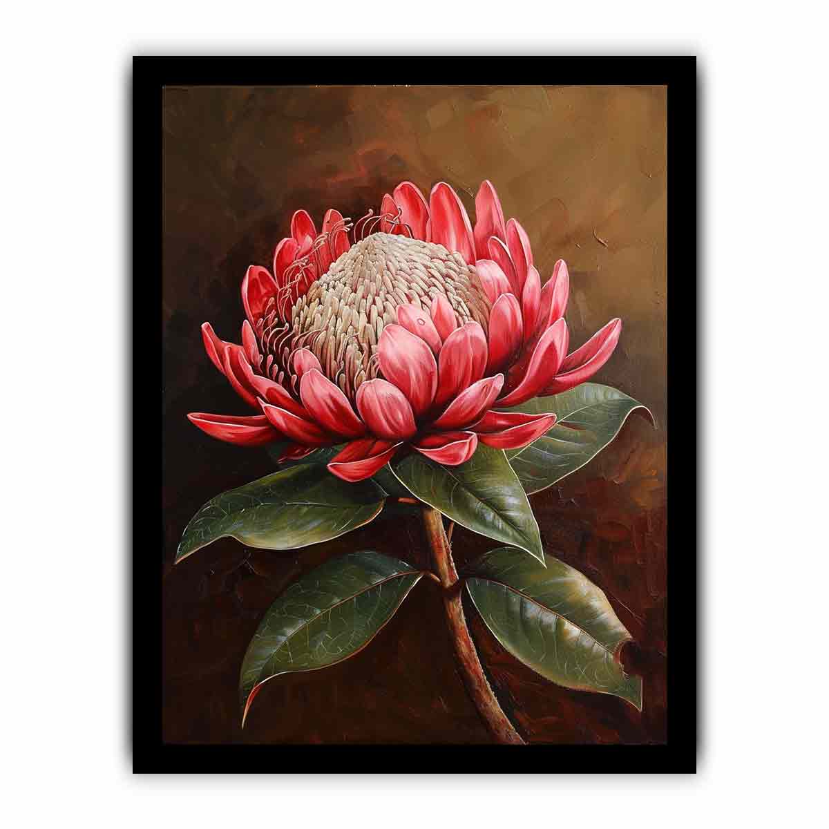 Red protea botanical canvas art with dark background for living room decor.
