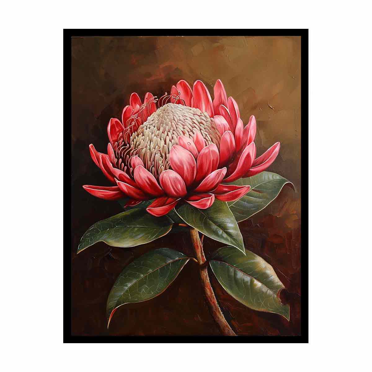 Red protea botanical canvas art with dark background for living room decor.