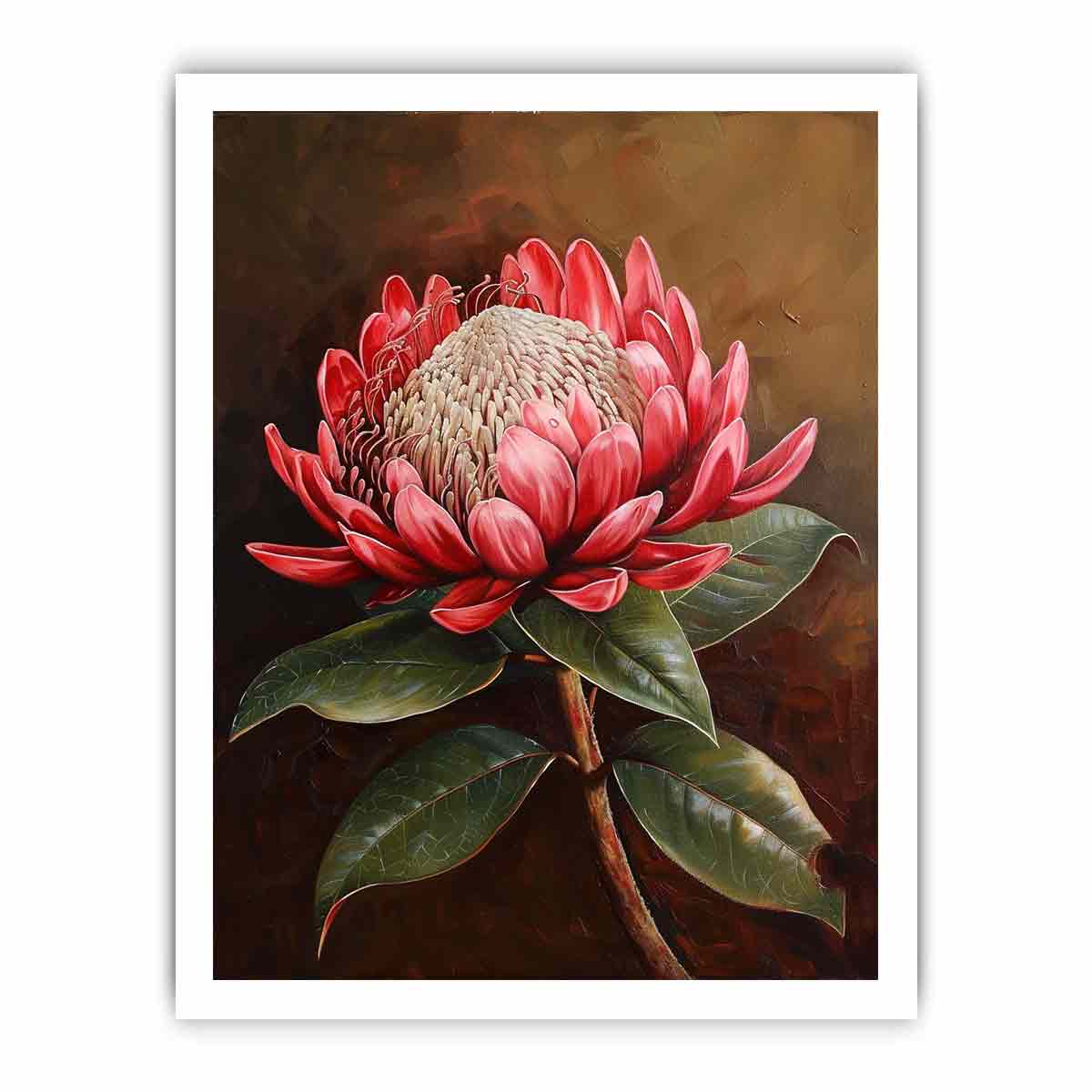 Red protea botanical canvas art with dark background for living room decor.