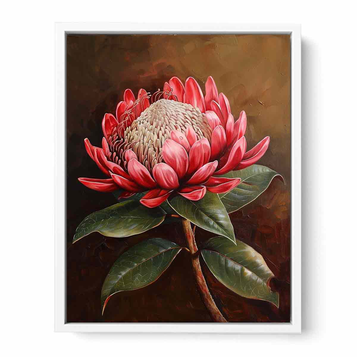 Red protea botanical canvas art with dark background for living room decor.