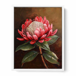 Red protea botanical canvas art with dark background for living room decor.
