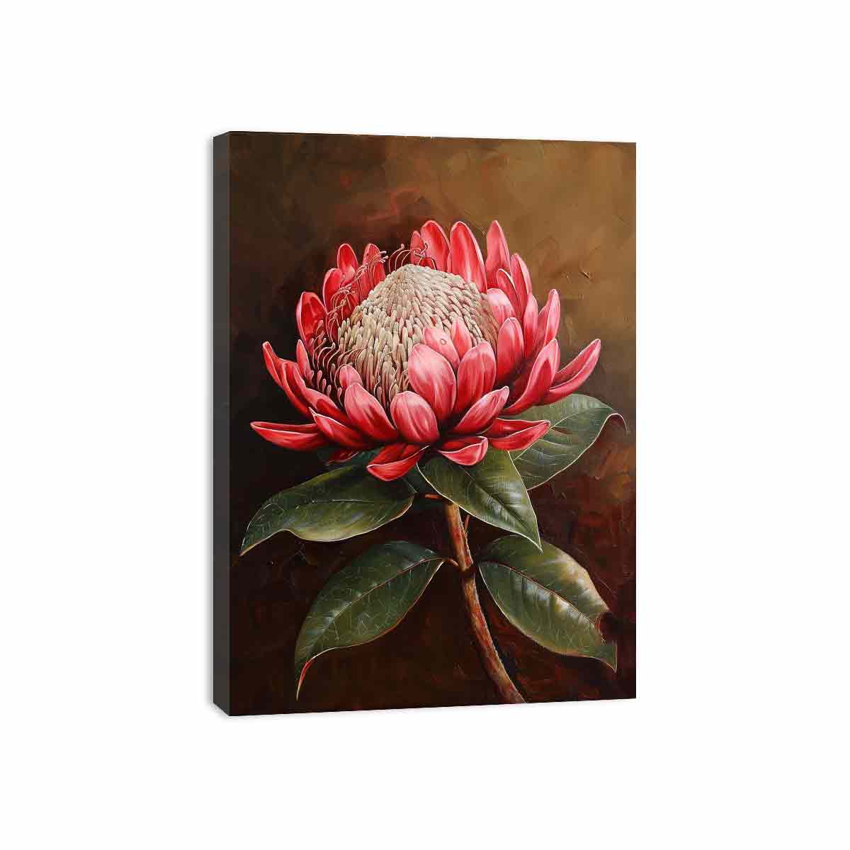 Red protea botanical canvas art with dark background for living room decor.
