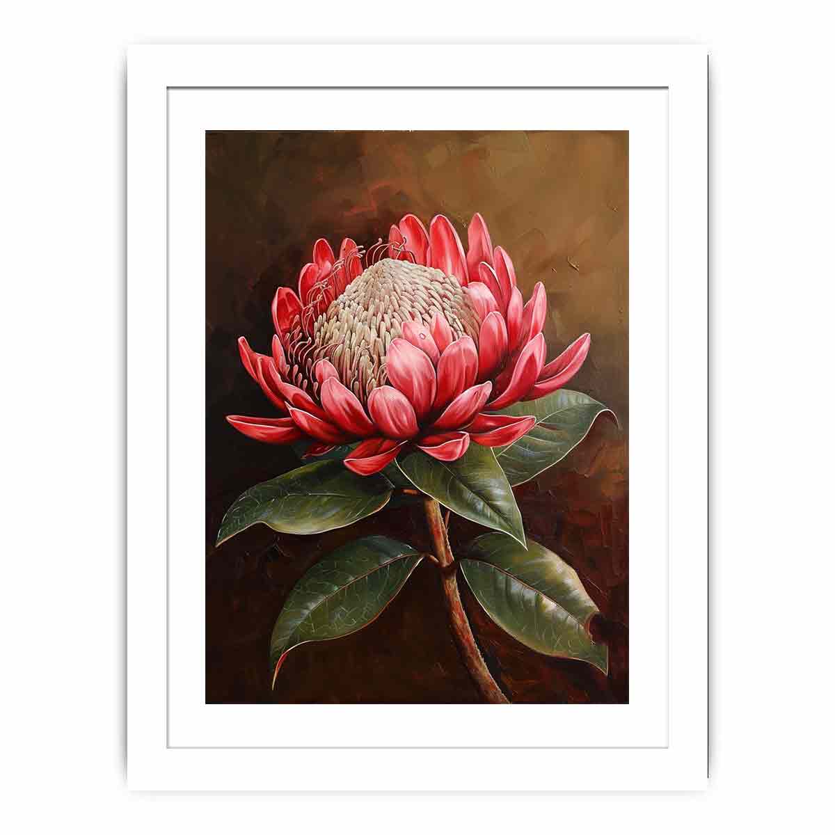 Red protea botanical canvas art with dark background for living room decor.