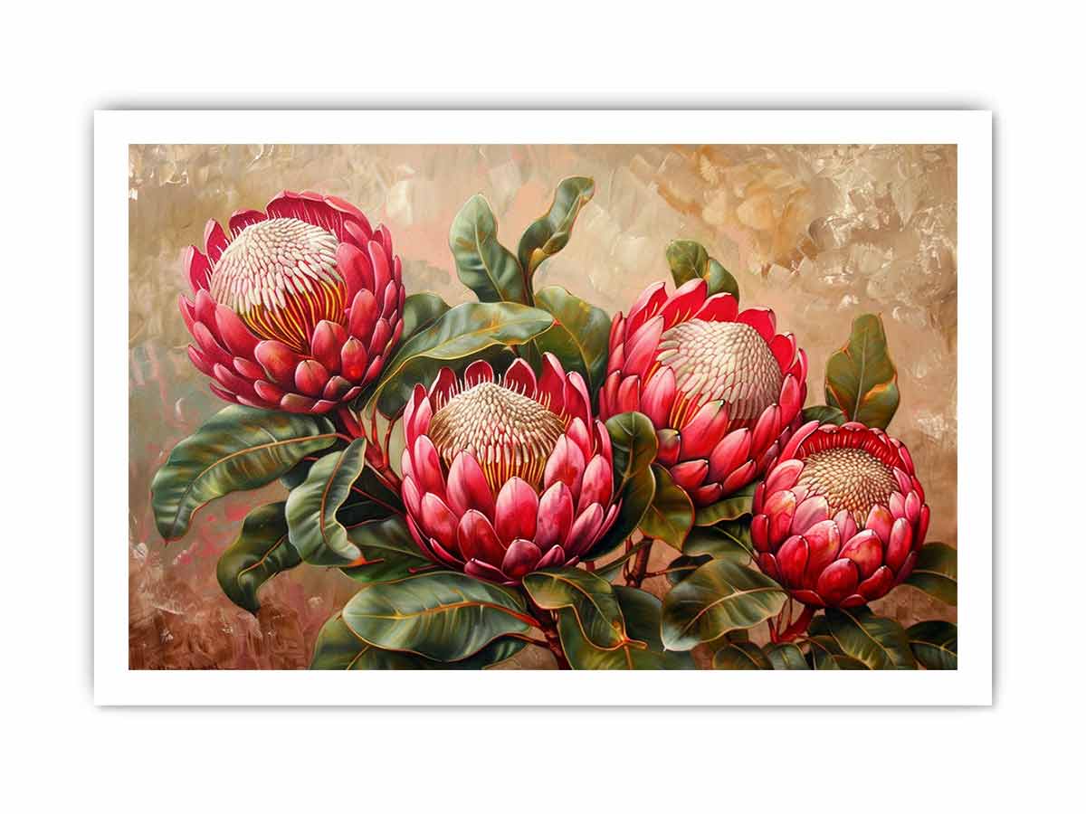 Pink protea floral canvas art with green leaves for living room decor.