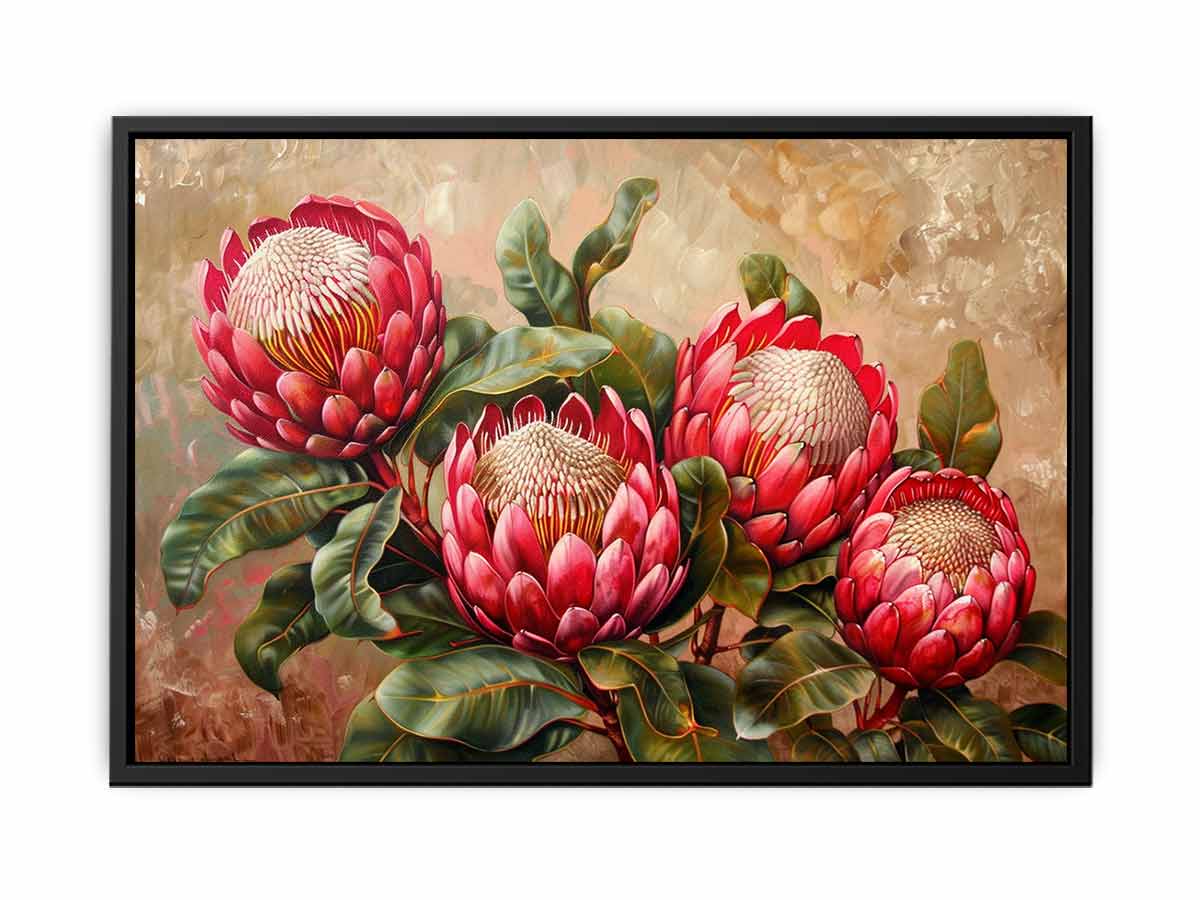 Pink protea floral canvas art with green leaves for living room decor.