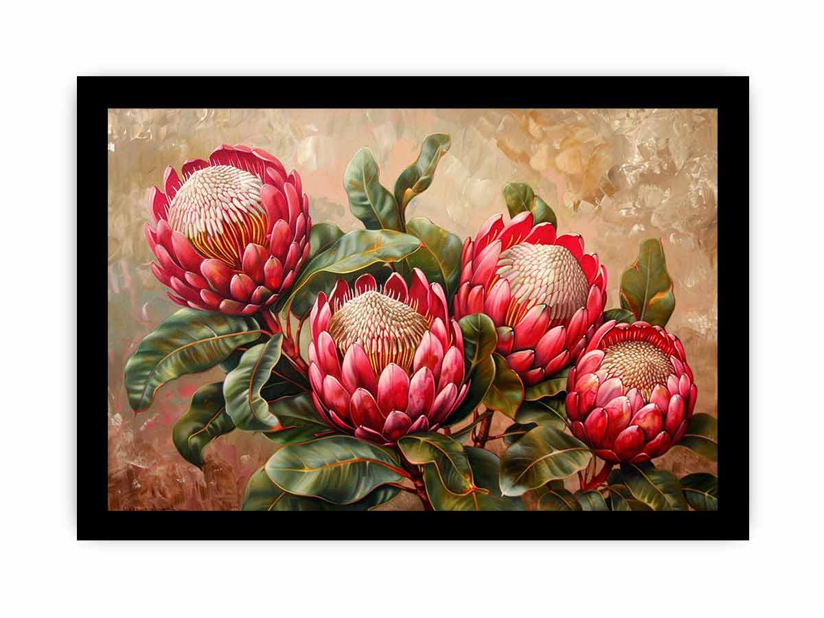 Pink protea floral canvas art with green leaves for living room decor.