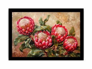Pink protea floral canvas art with green leaves for living room decor.