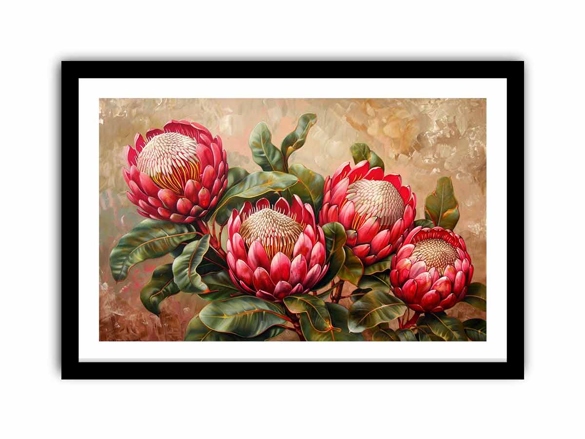 Pink protea floral canvas art with green leaves for living room decor.