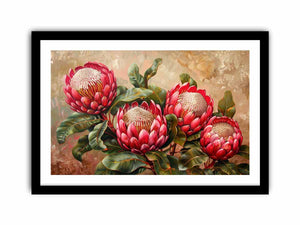 Pink protea floral canvas art with green leaves for living room decor.