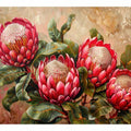 Pink protea floral canvas art with green leaves for living room decor.