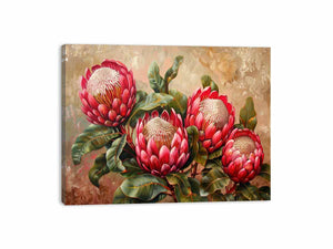 Pink protea floral canvas art with green leaves for living room decor.