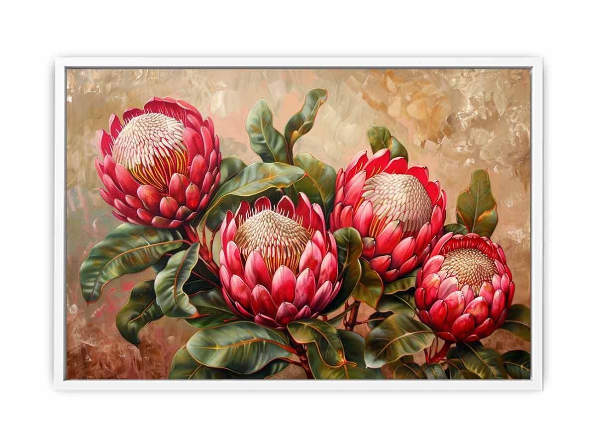 Pink protea floral canvas art with green leaves for living room decor.