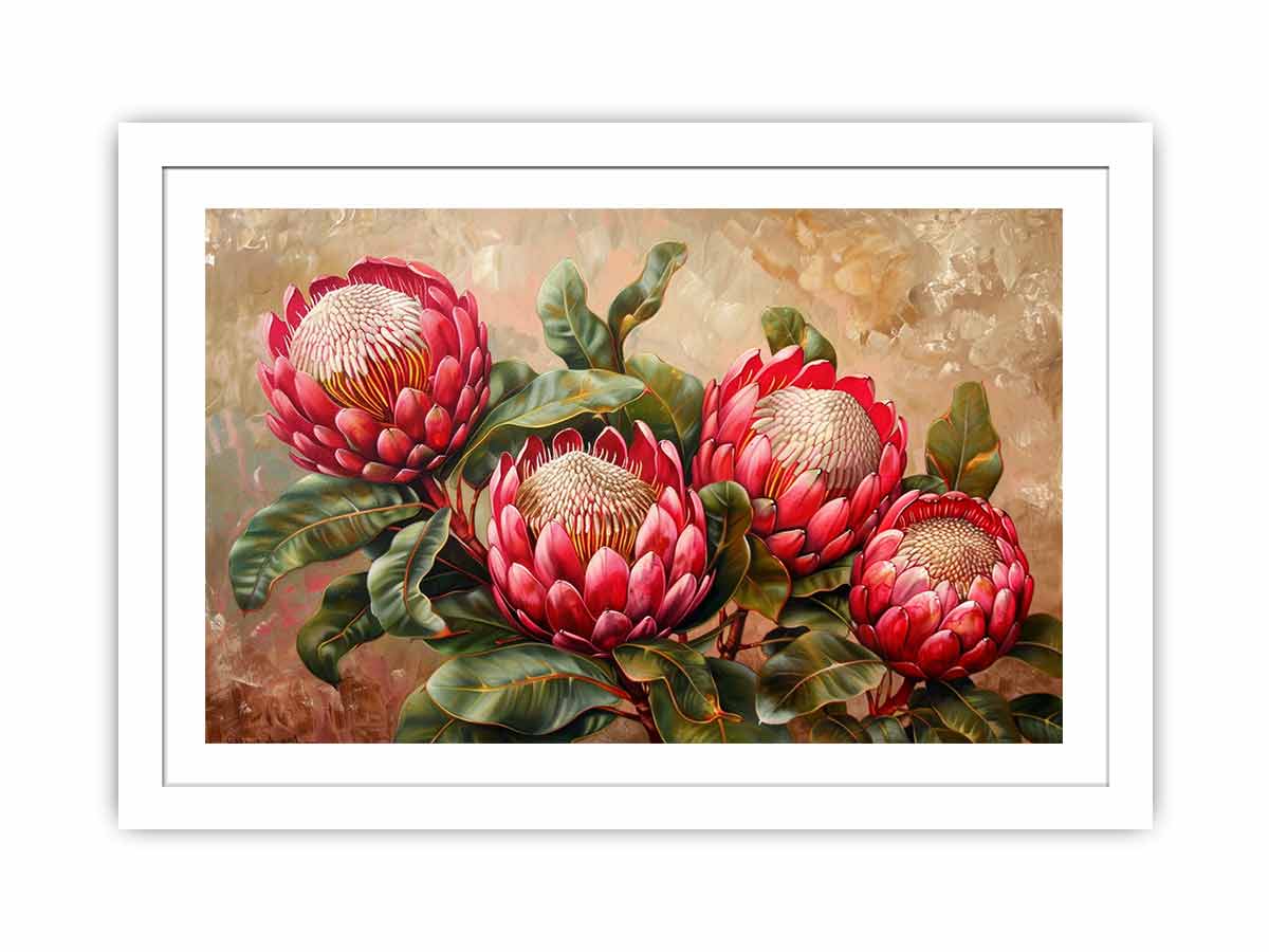 Pink protea floral canvas art with green leaves for living room decor.