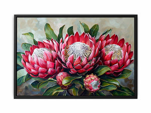 Horizontal red protea botanical canvas art for elegant living room decor.