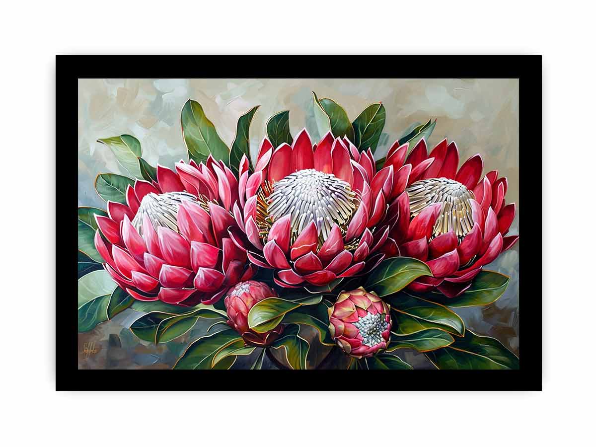 Horizontal red protea botanical canvas art for elegant living room decor.