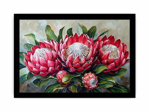 Horizontal red protea botanical canvas art for elegant living room decor.