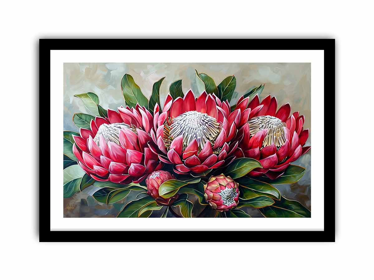 Horizontal red protea botanical canvas art for elegant living room decor.