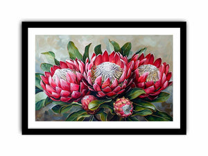 Horizontal red protea botanical canvas art for elegant living room decor.