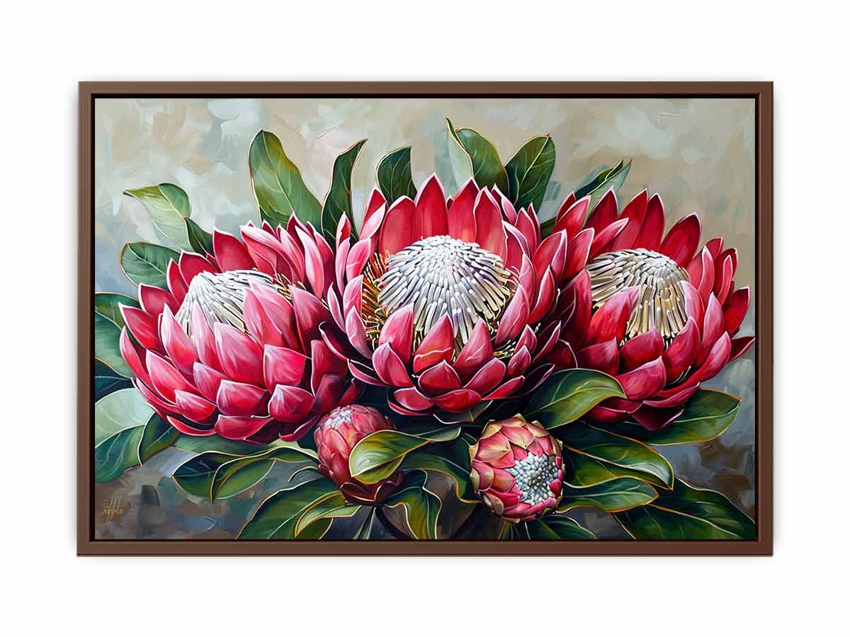 Horizontal red protea botanical canvas art for elegant living room decor.