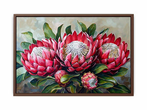Horizontal red protea botanical canvas art for elegant living room decor.