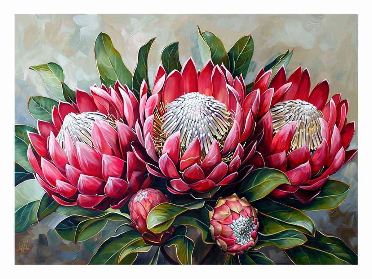 Horizontal red protea botanical canvas art for elegant living room decor.