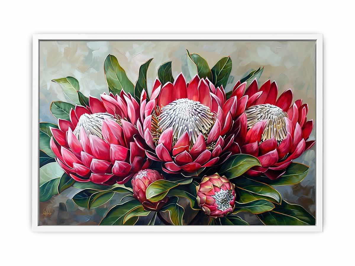 Horizontal red protea botanical canvas art for elegant living room decor.