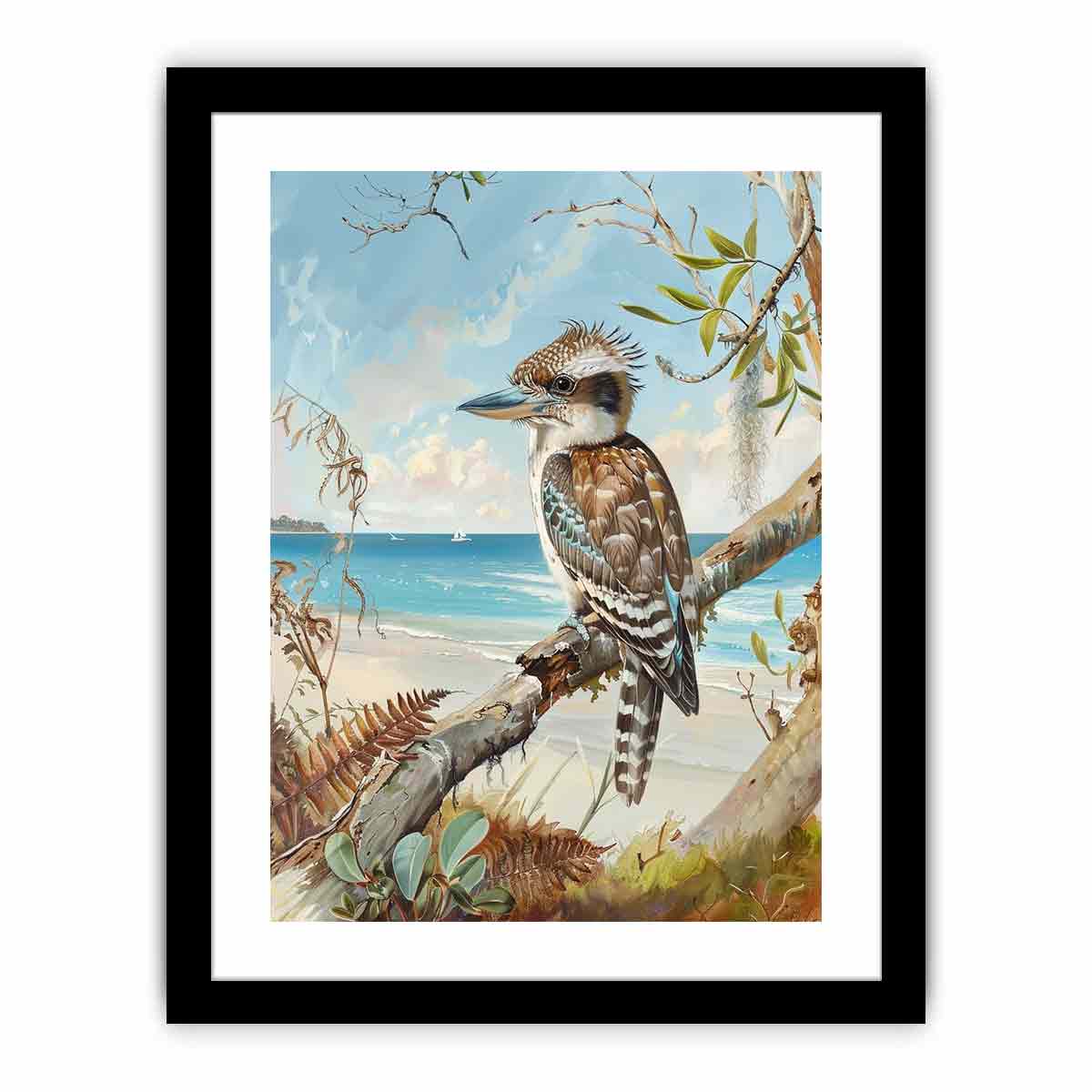 Vertical kookaburra beach canvas art for coastal home and hallway decor.
