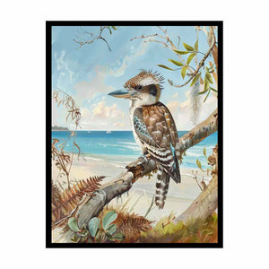 Vertical kookaburra beach canvas art for coastal home and hallway decor.