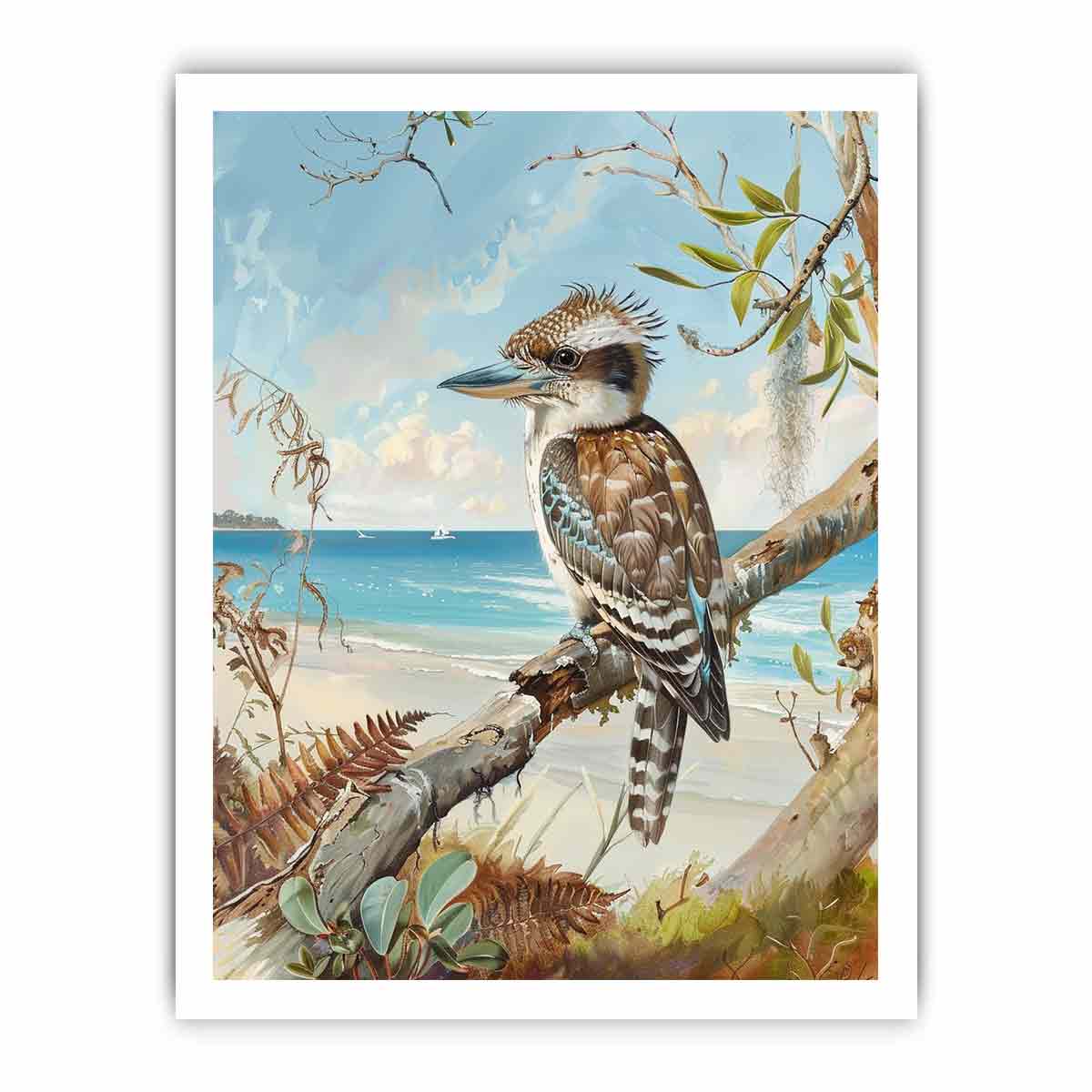 Vertical kookaburra beach canvas art for coastal home and hallway decor.