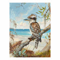 Vertical kookaburra beach canvas art for coastal home and hallway decor.