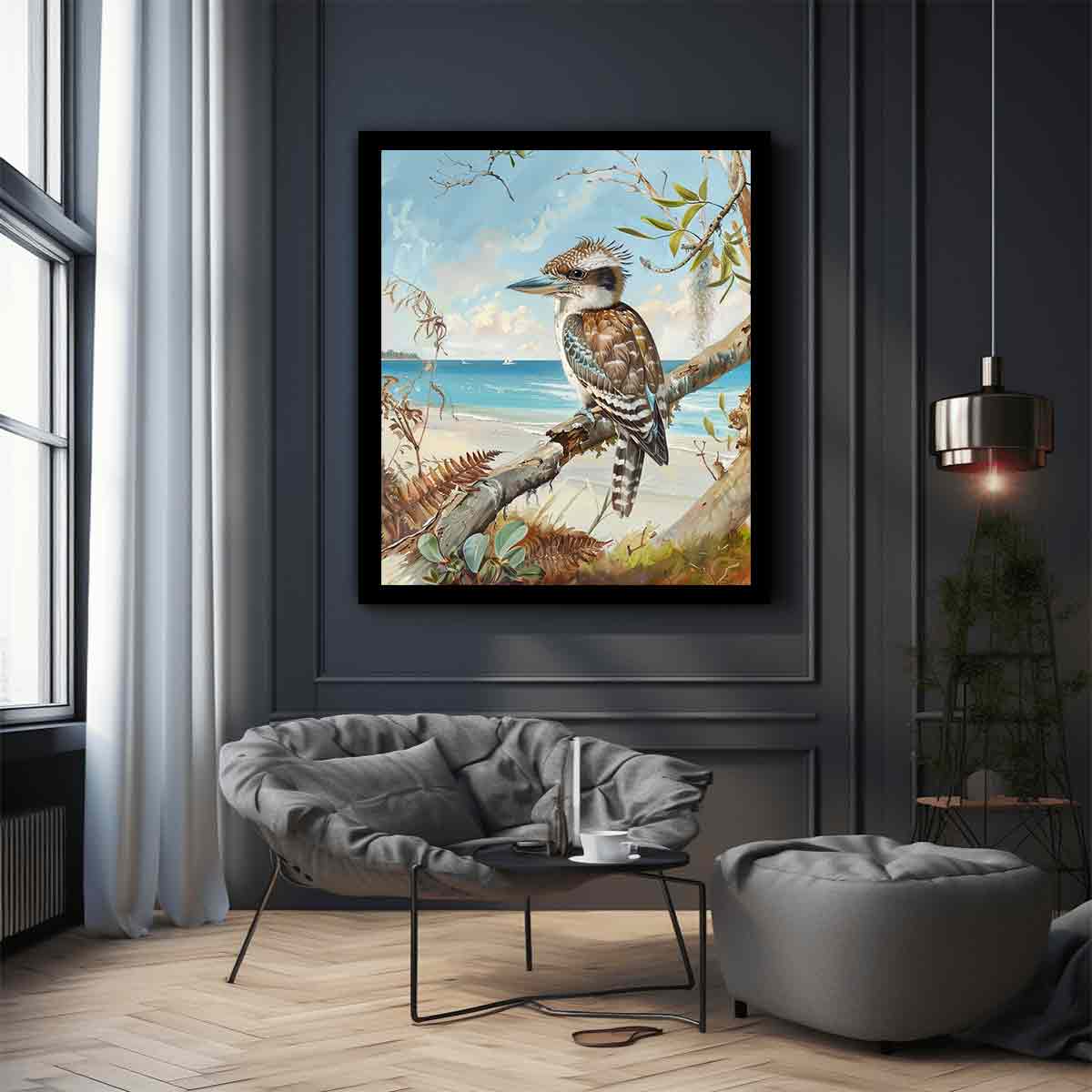 Vertical kookaburra beach canvas art for coastal home and hallway decor.