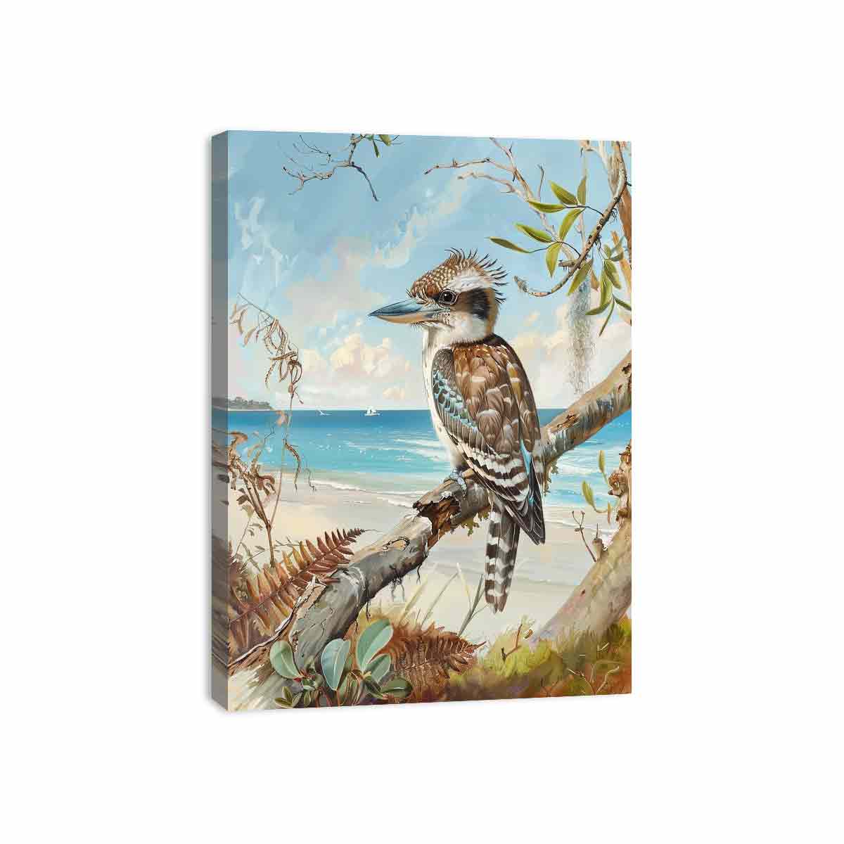 Vertical kookaburra beach canvas art for coastal home and hallway decor.