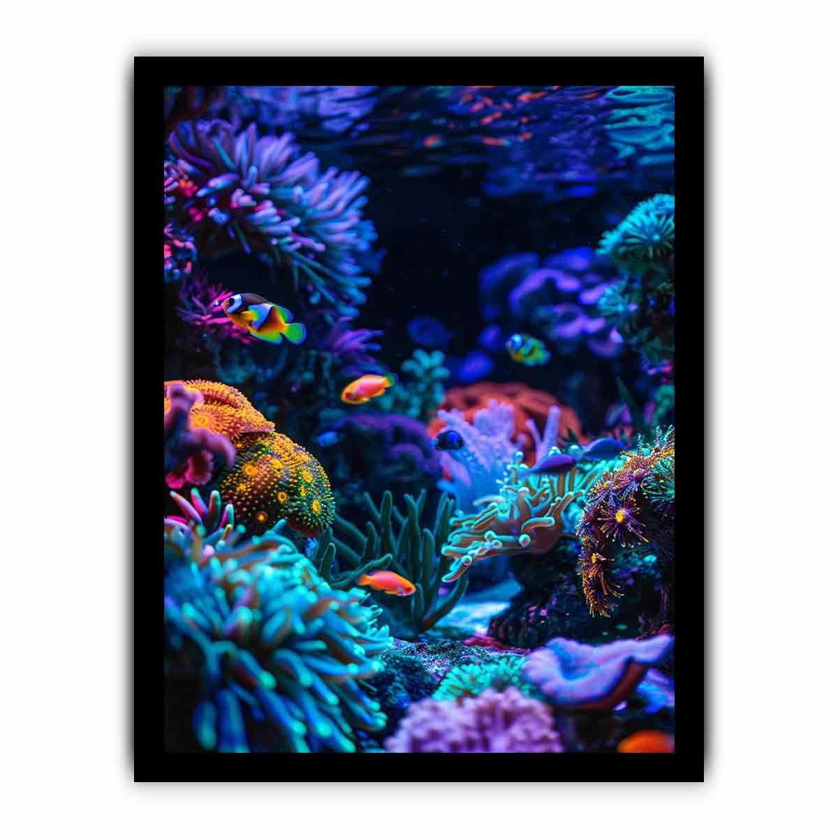 Vertical neon reef fish canvas art for bold modern office or bedroom decor.