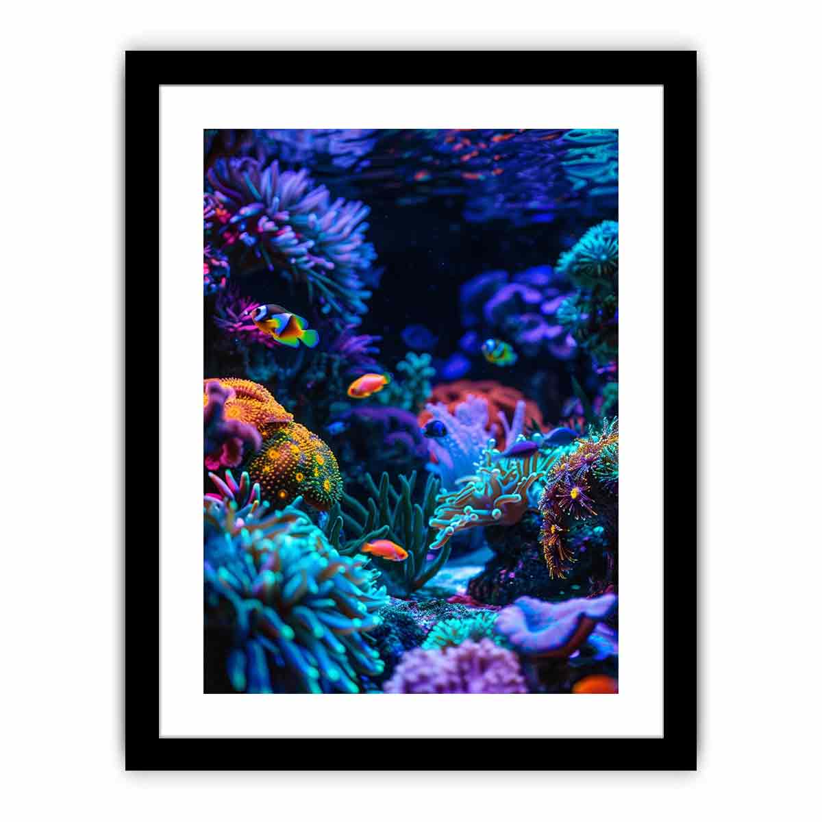 Vertical neon reef fish canvas art for bold modern office or bedroom decor.