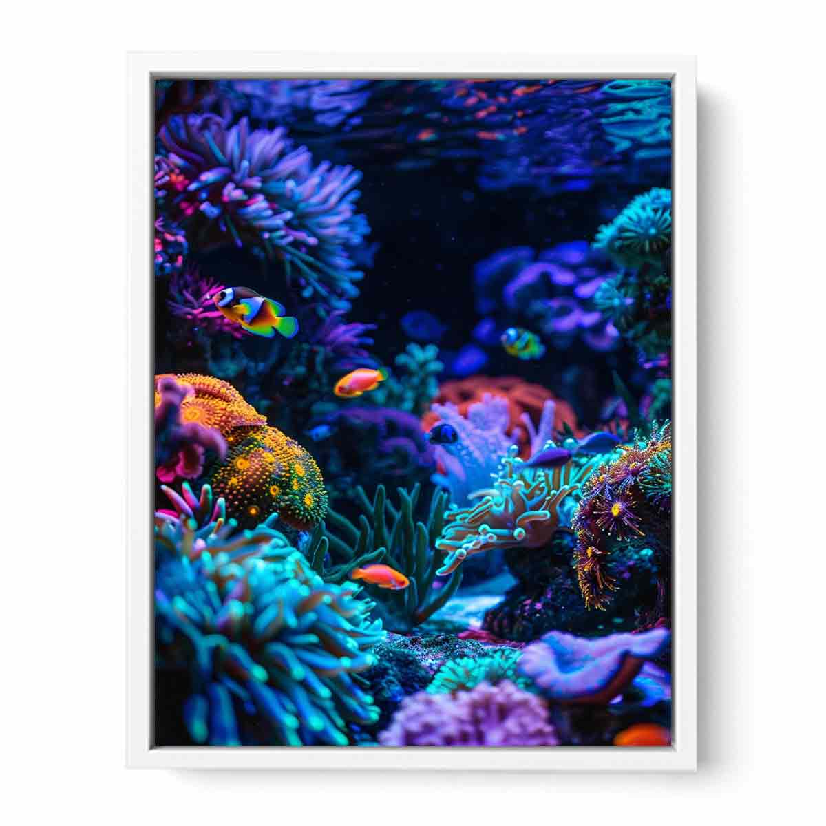 Vertical neon reef fish canvas art for bold modern office or bedroom decor.