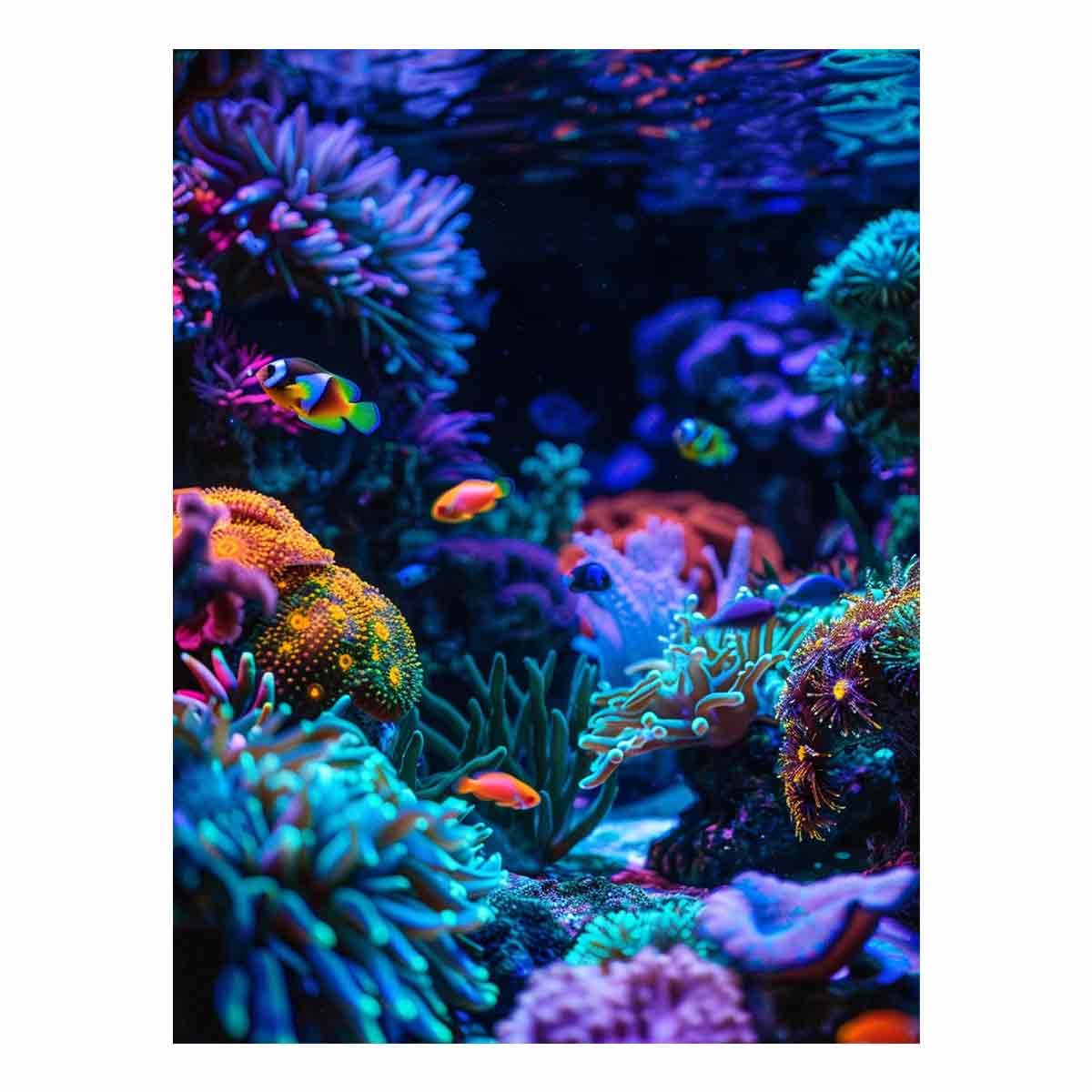 Vertical neon reef fish canvas art for bold modern office or bedroom decor.