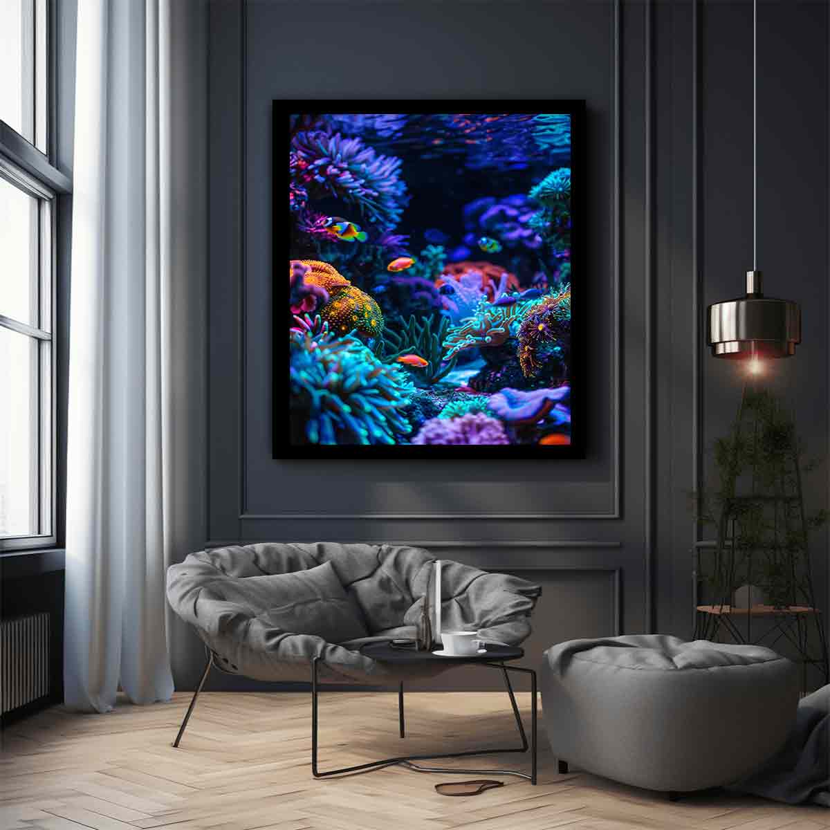Vertical neon reef fish canvas art for bold modern office or bedroom decor.