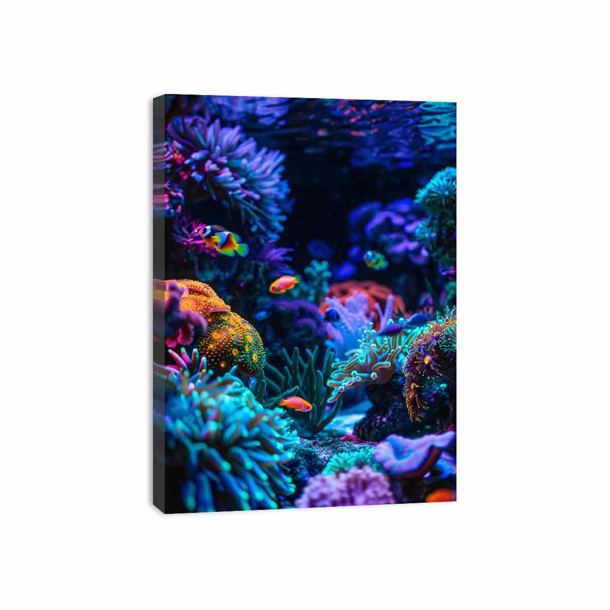 Vertical neon reef fish canvas art for bold modern office or bedroom decor.
