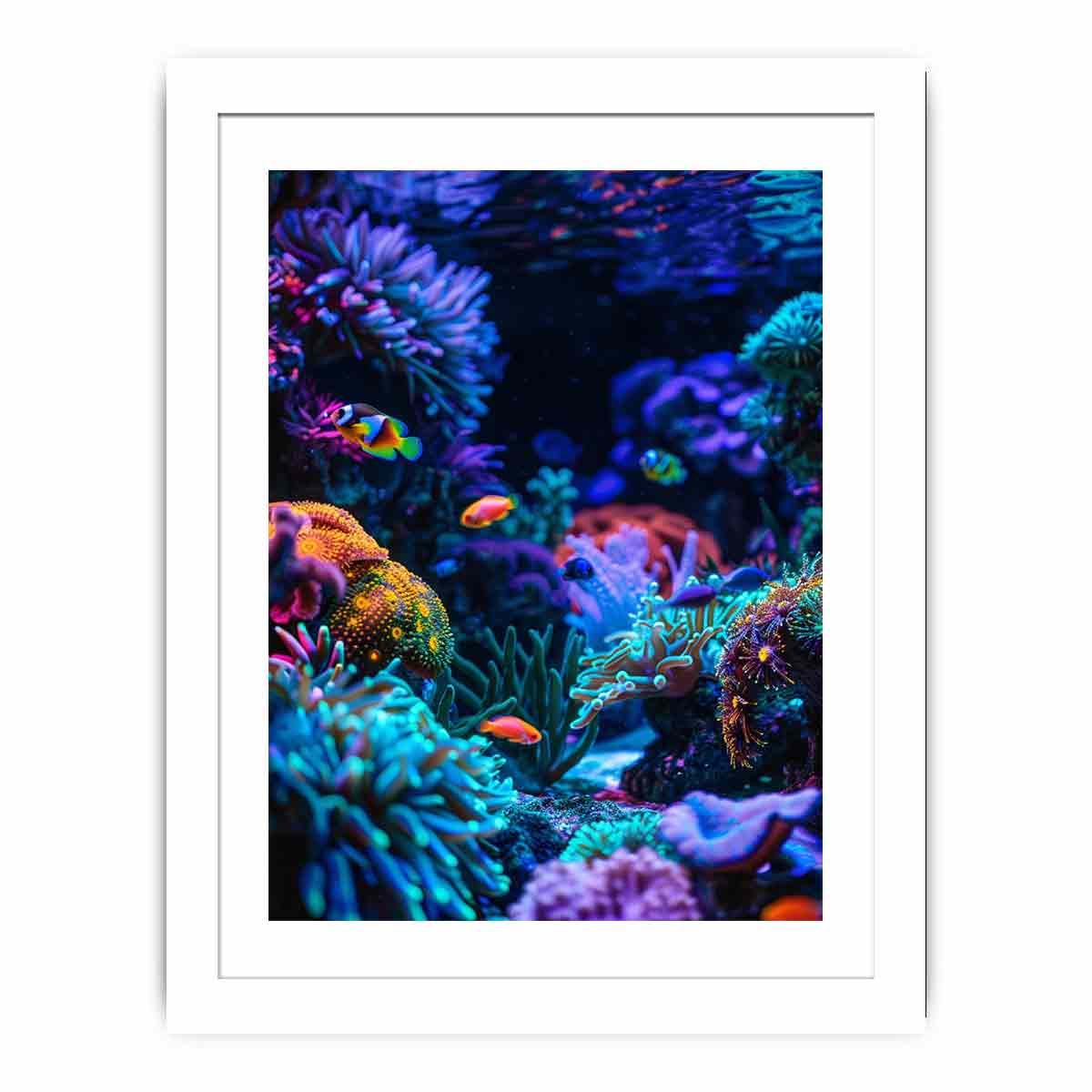 Vertical neon reef fish canvas art for bold modern office or bedroom decor.