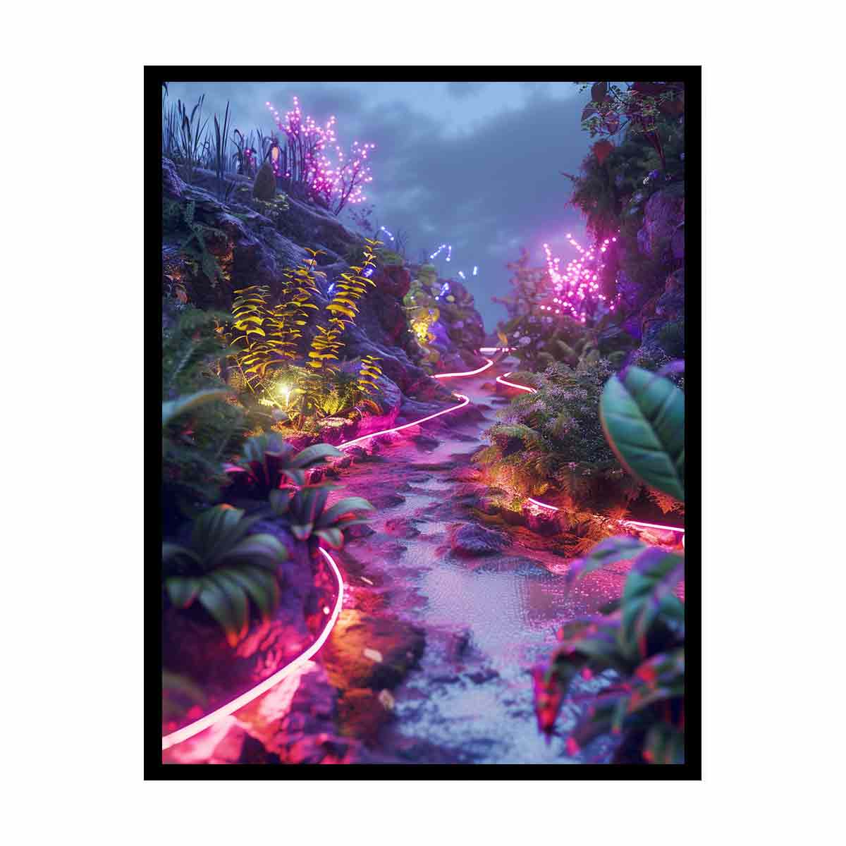 Vertical neon garden path canvas art for dreamy modern room decor.