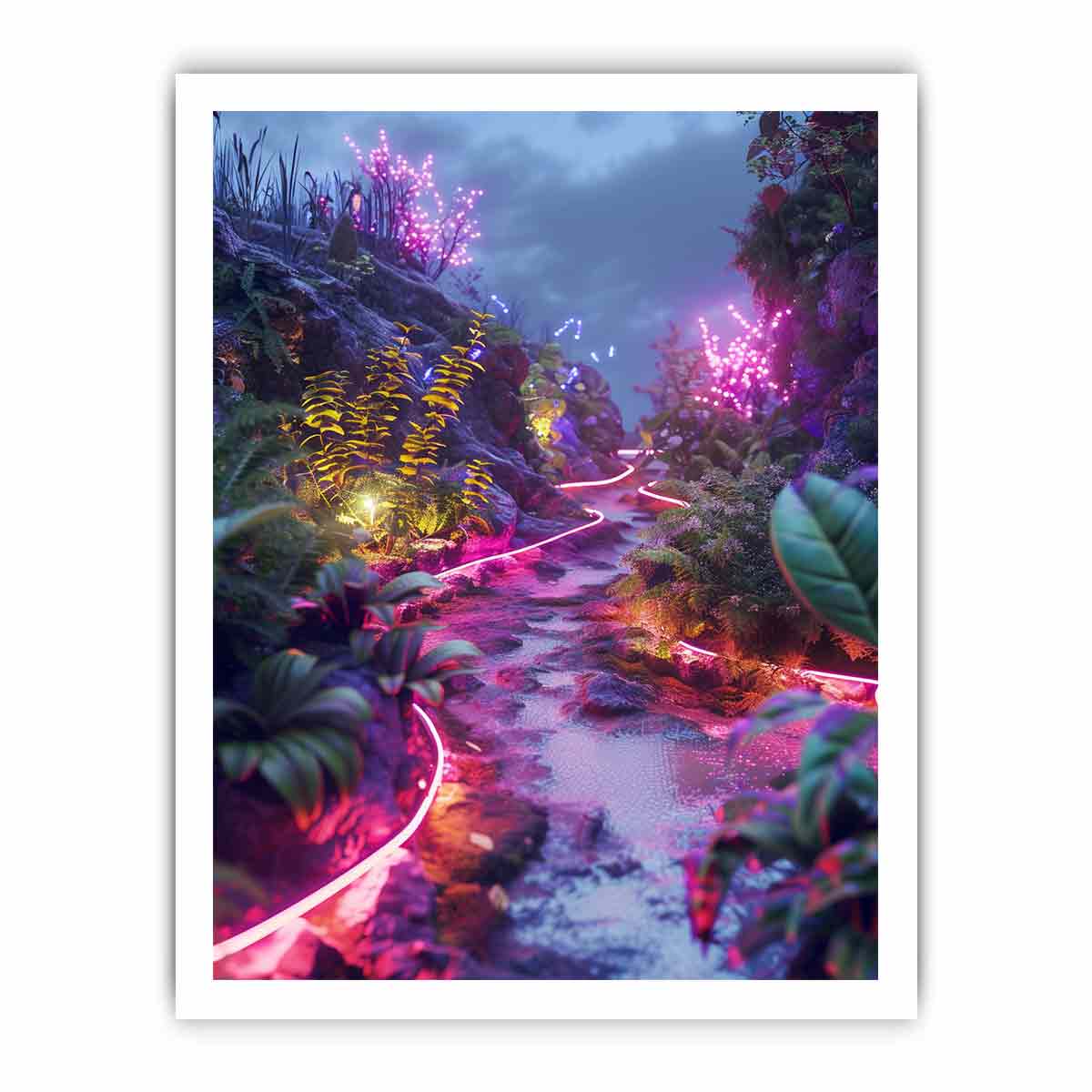 Vertical neon garden path canvas art for dreamy modern room decor.