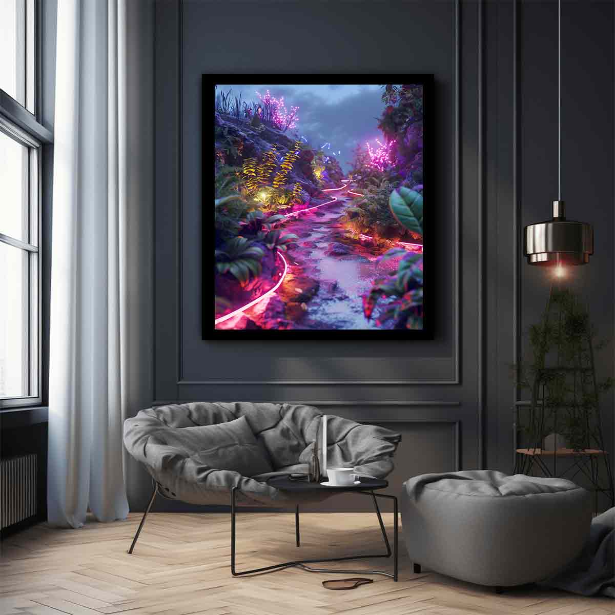 Vertical neon garden path canvas art for dreamy modern room decor.