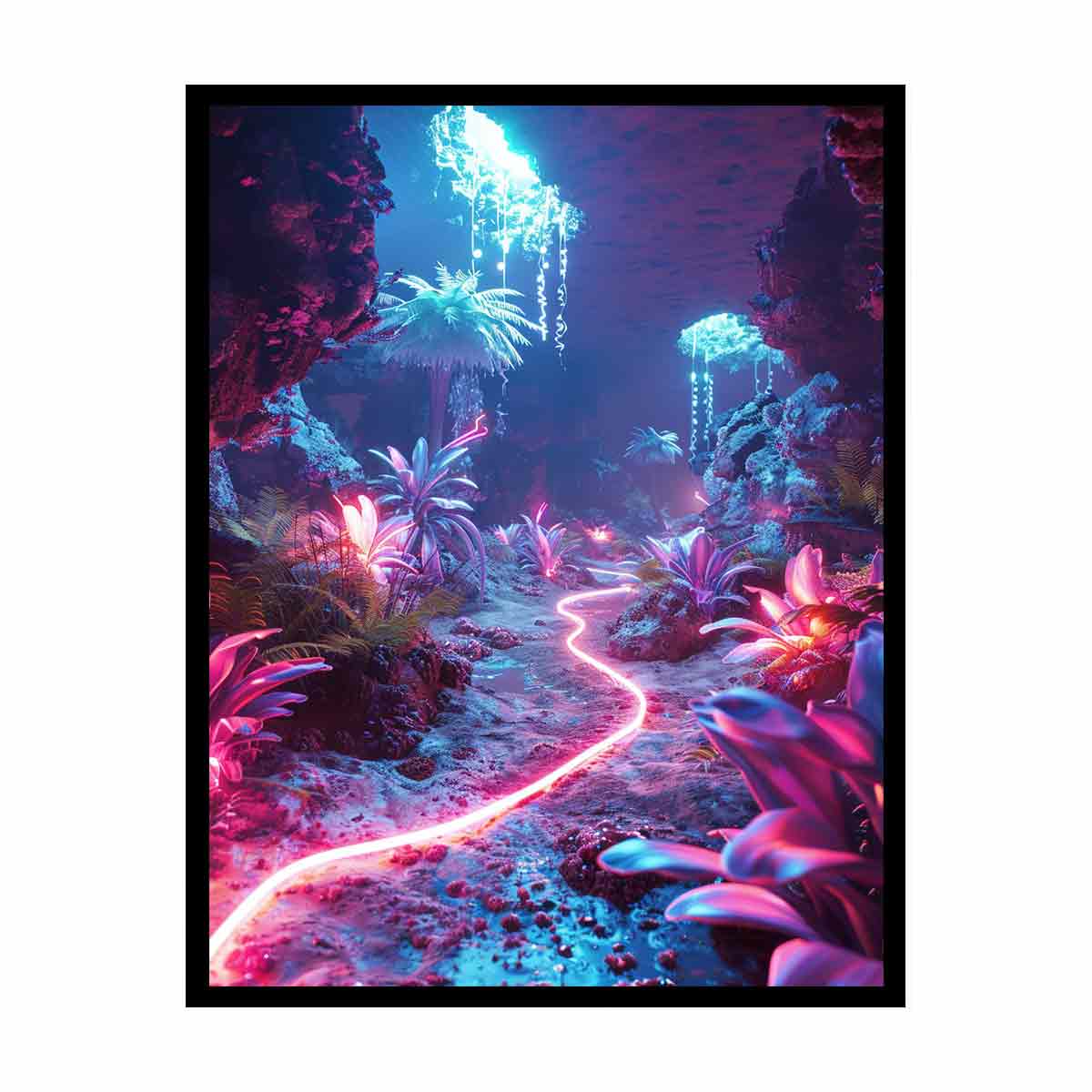 Vertical glowing cave garden canvas art for modern fantasy room decor.