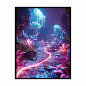 Vertical glowing cave garden canvas art for modern fantasy room decor.